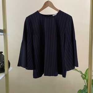 Ganni Navy and Orange Striped Women's Blouse with Bell Sleeves